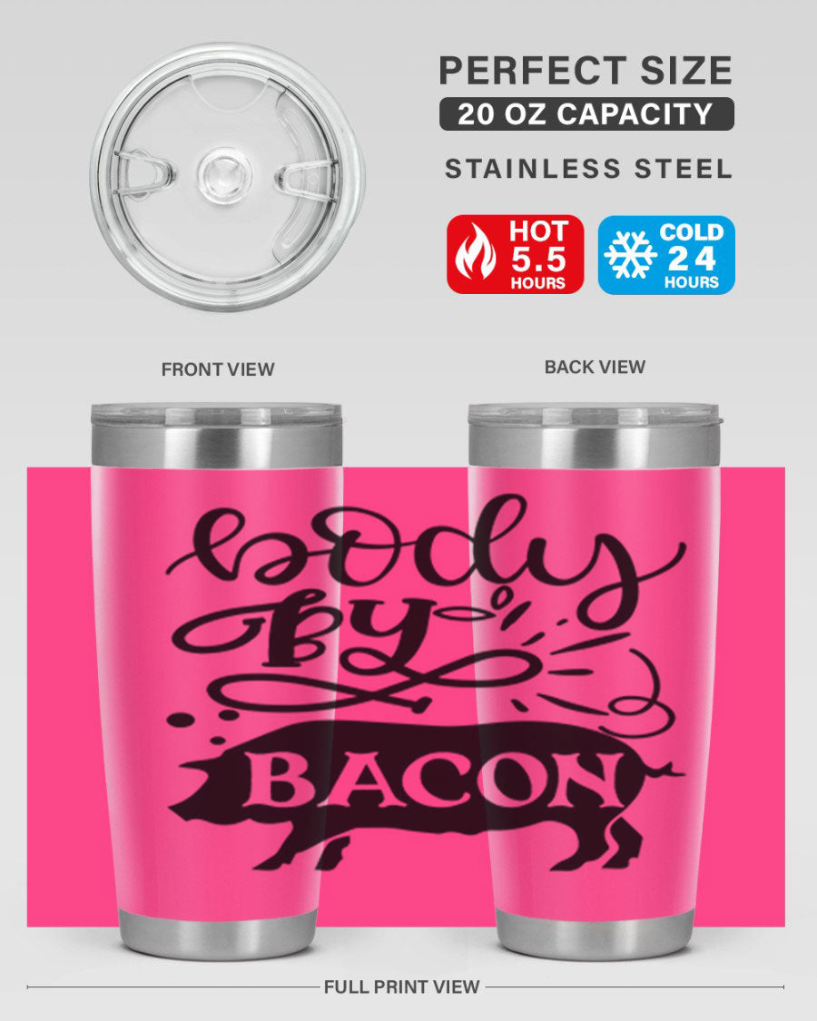 Body by Bacon 20oz stainless steel tumbler with copper lining and drink-thru lid, ideal for hot and cold beverages.