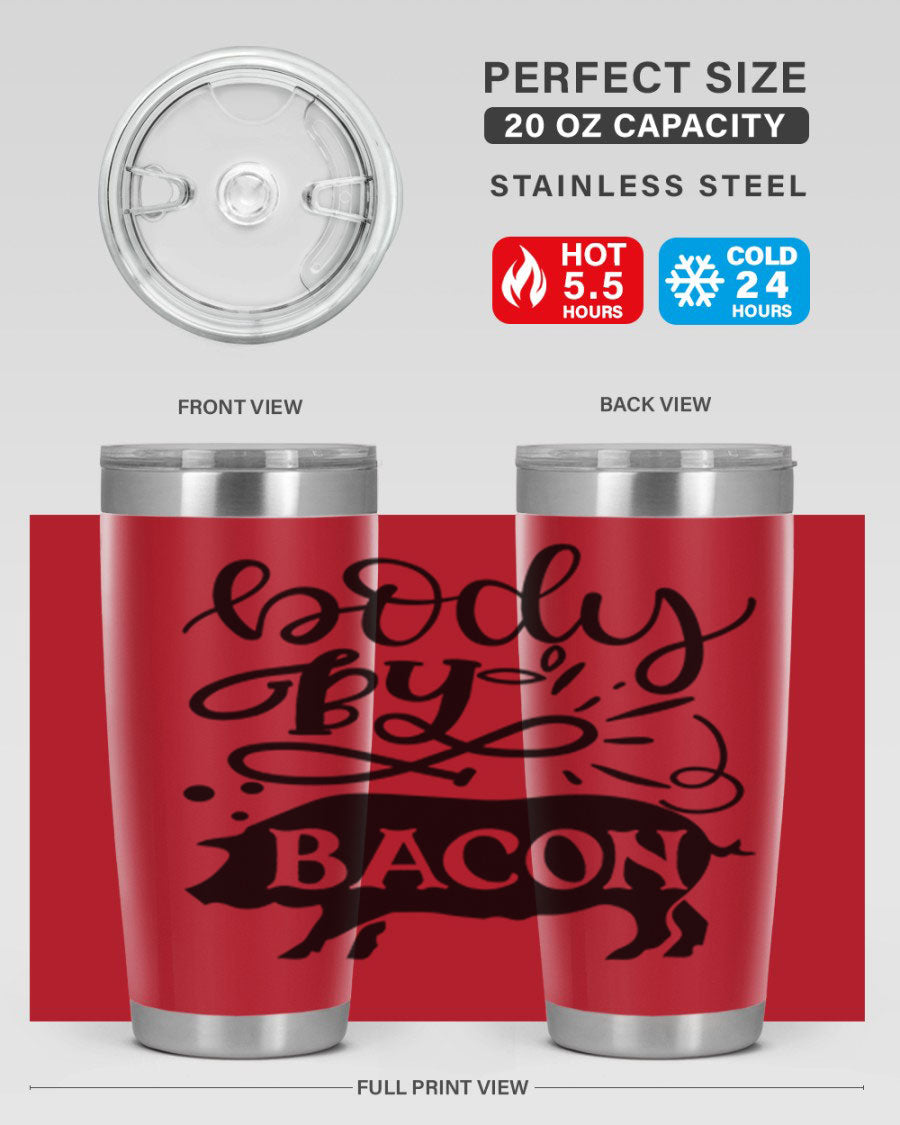 Body by Bacon 20oz stainless steel tumbler with copper lining and drink-thru lid, ideal for hot and cold beverages.