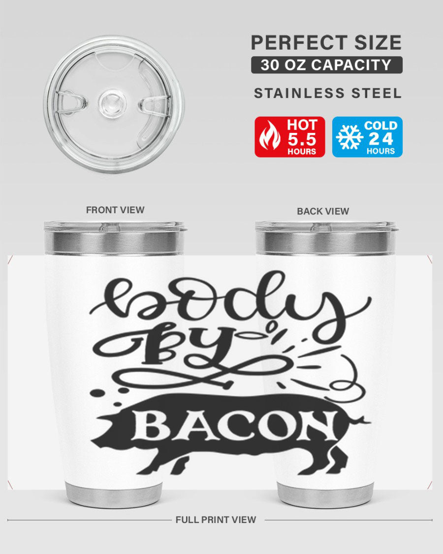 Body by Bacon 20oz stainless steel tumbler with copper lining and drink-thru lid, ideal for hot and cold beverages.