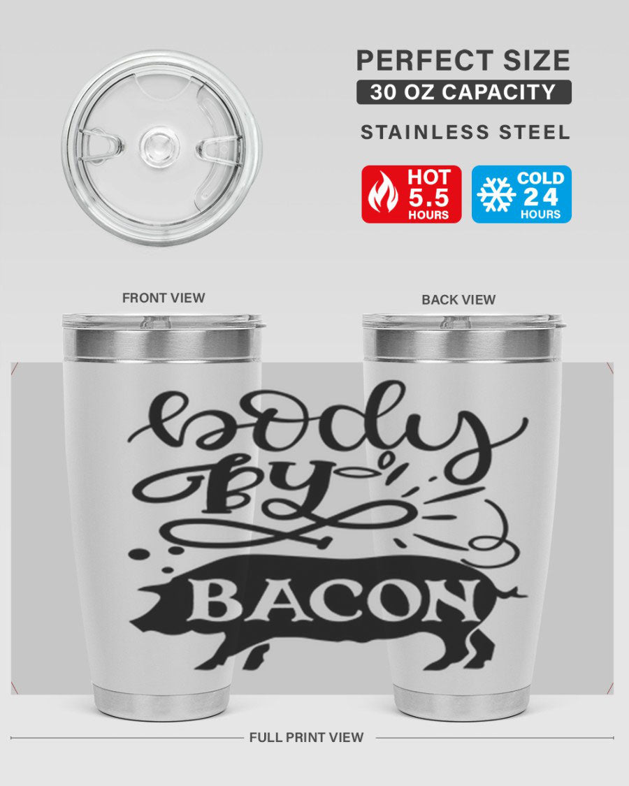 Body by Bacon 20oz stainless steel tumbler with copper lining and drink-thru lid, ideal for hot and cold beverages.