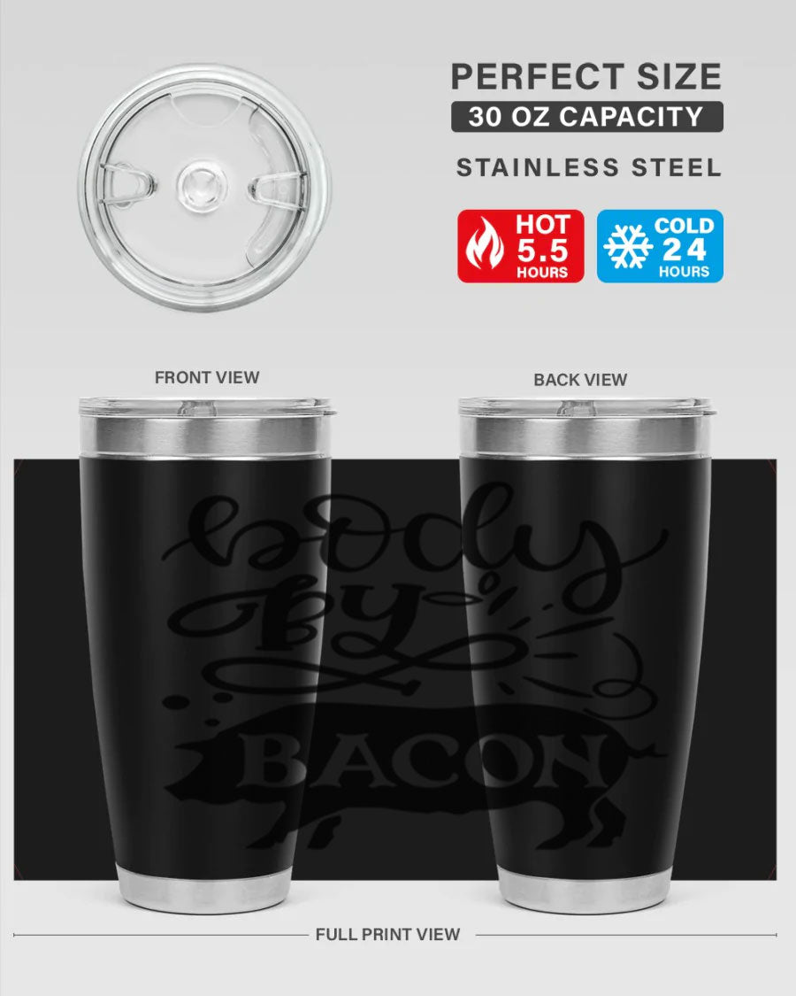 Body by Bacon 20oz stainless steel tumbler with copper lining and drink-thru lid, ideal for hot and cold beverages.