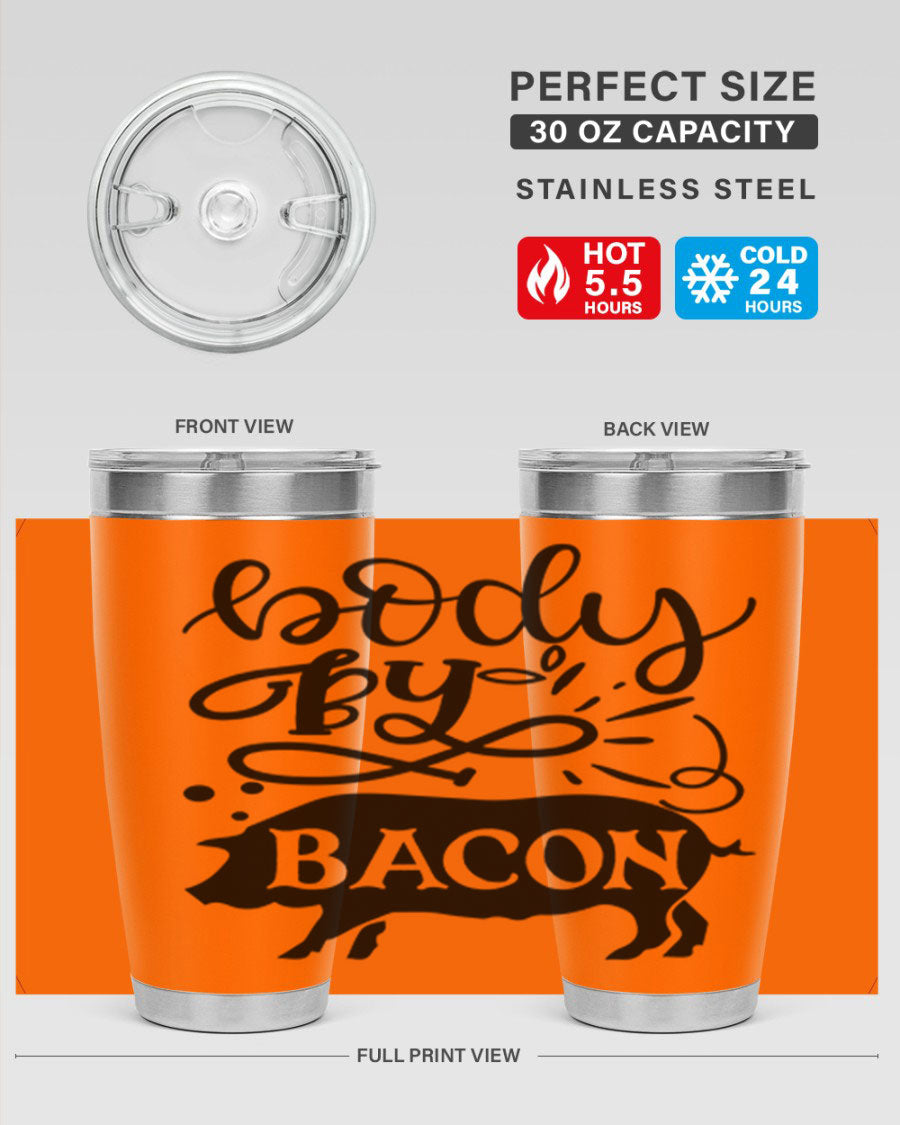 Body by Bacon 20oz stainless steel tumbler with copper lining and drink-thru lid, ideal for hot and cold beverages.