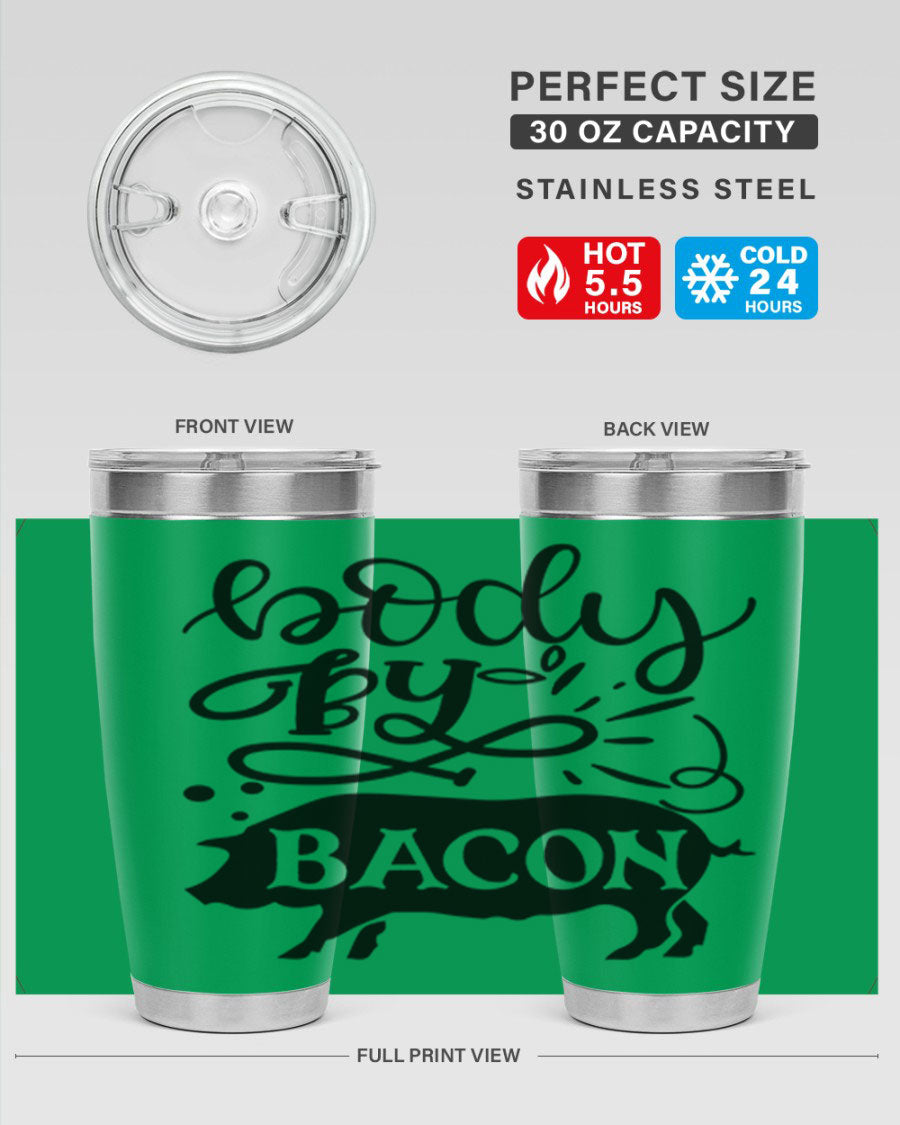 Body by Bacon 20oz stainless steel tumbler with copper lining and drink-thru lid, ideal for hot and cold beverages.