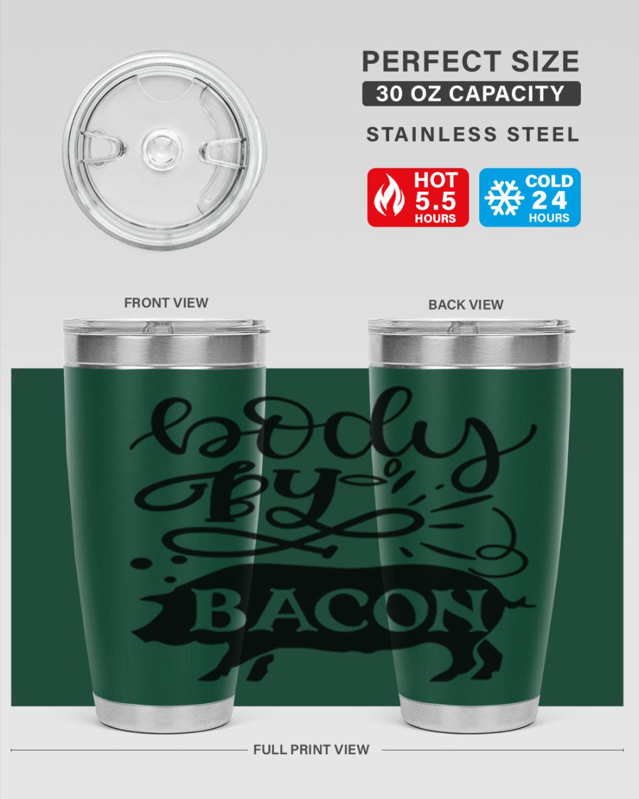 Body by Bacon 20oz stainless steel tumbler with copper lining and drink-thru lid, ideal for hot and cold beverages.