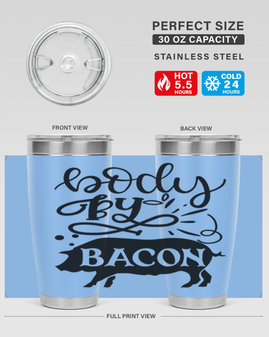 Body by Bacon 20oz stainless steel tumbler with copper lining and drink-thru lid, ideal for hot and cold beverages.