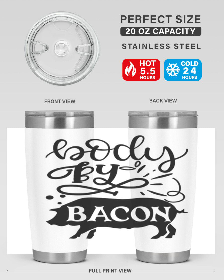 Body by Bacon 20oz stainless steel tumbler with copper lining and drink-thru lid, ideal for hot and cold beverages.