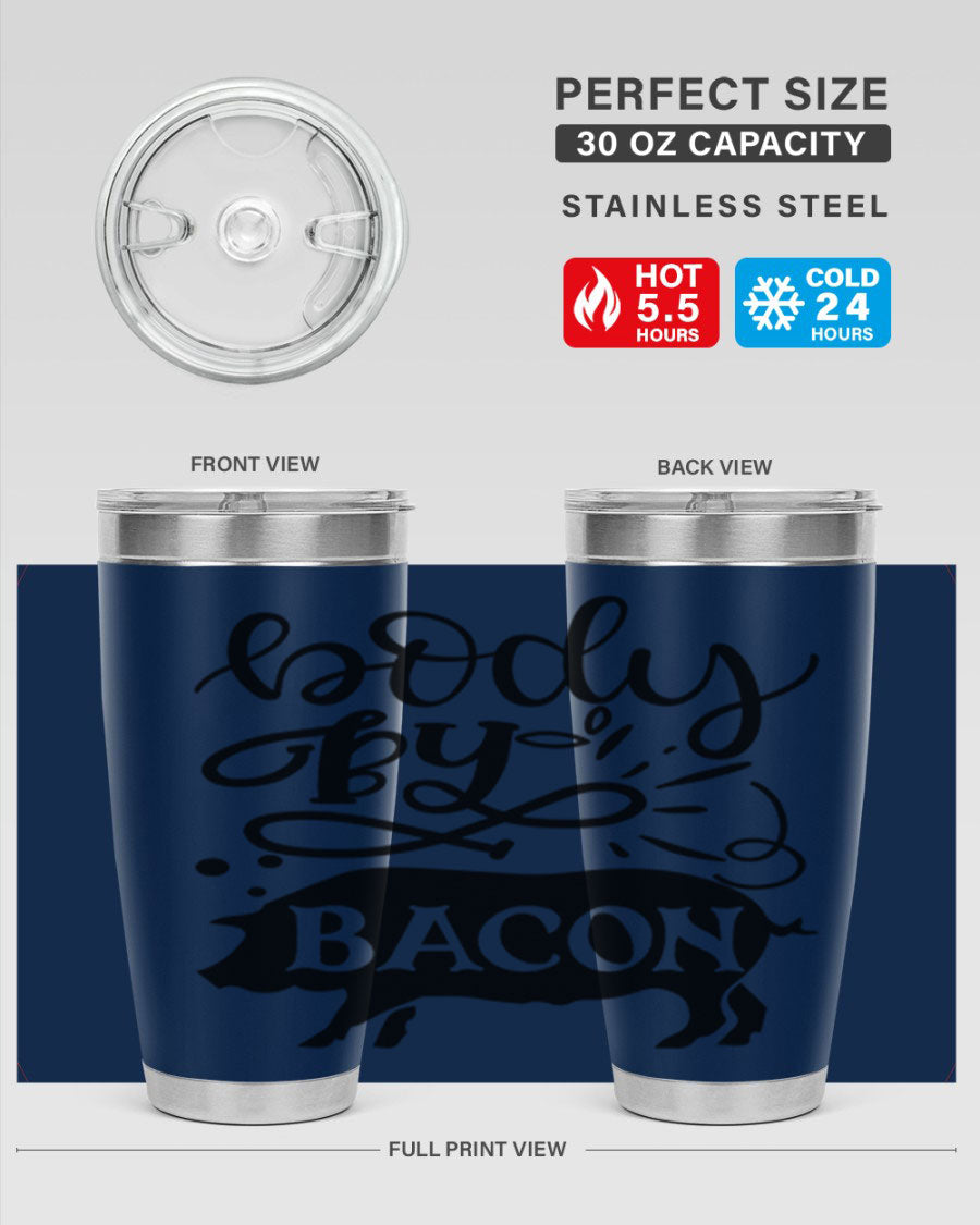 Body by Bacon 20oz stainless steel tumbler with copper lining and drink-thru lid, ideal for hot and cold beverages.