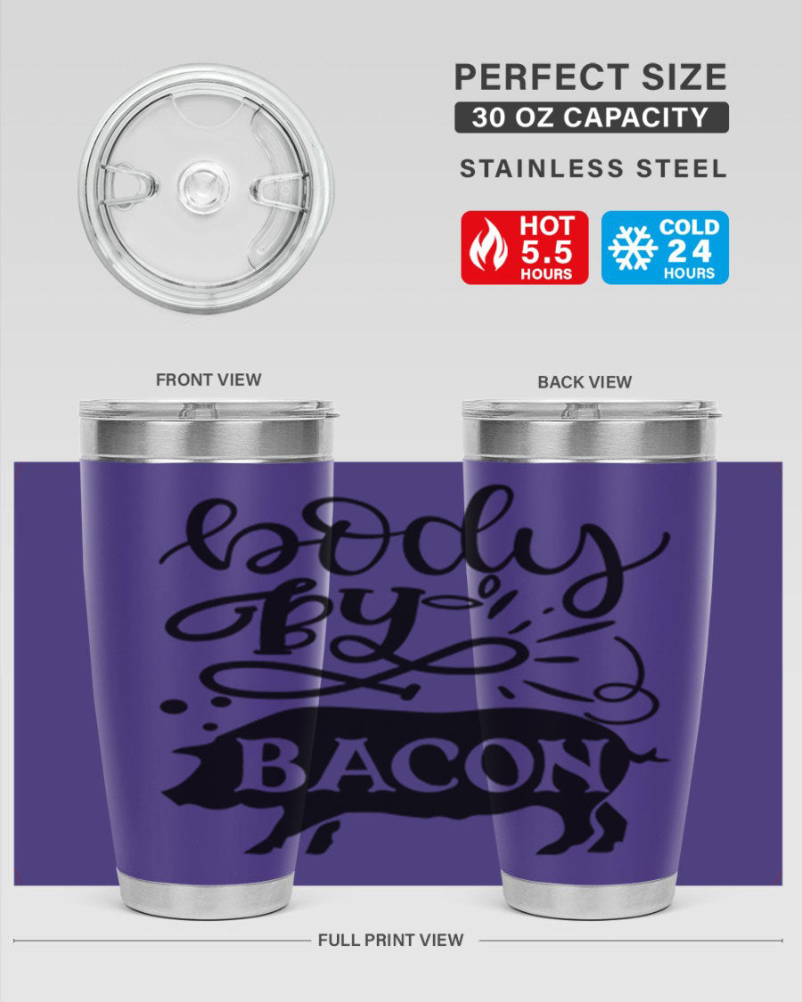 Body by Bacon 20oz stainless steel tumbler with copper lining and drink-thru lid, ideal for hot and cold beverages.