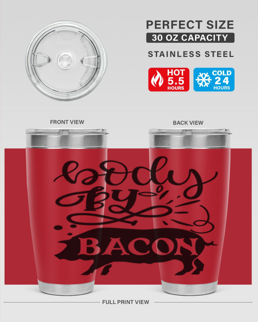 Body by Bacon 20oz stainless steel tumbler with copper lining and drink-thru lid, ideal for hot and cold beverages.