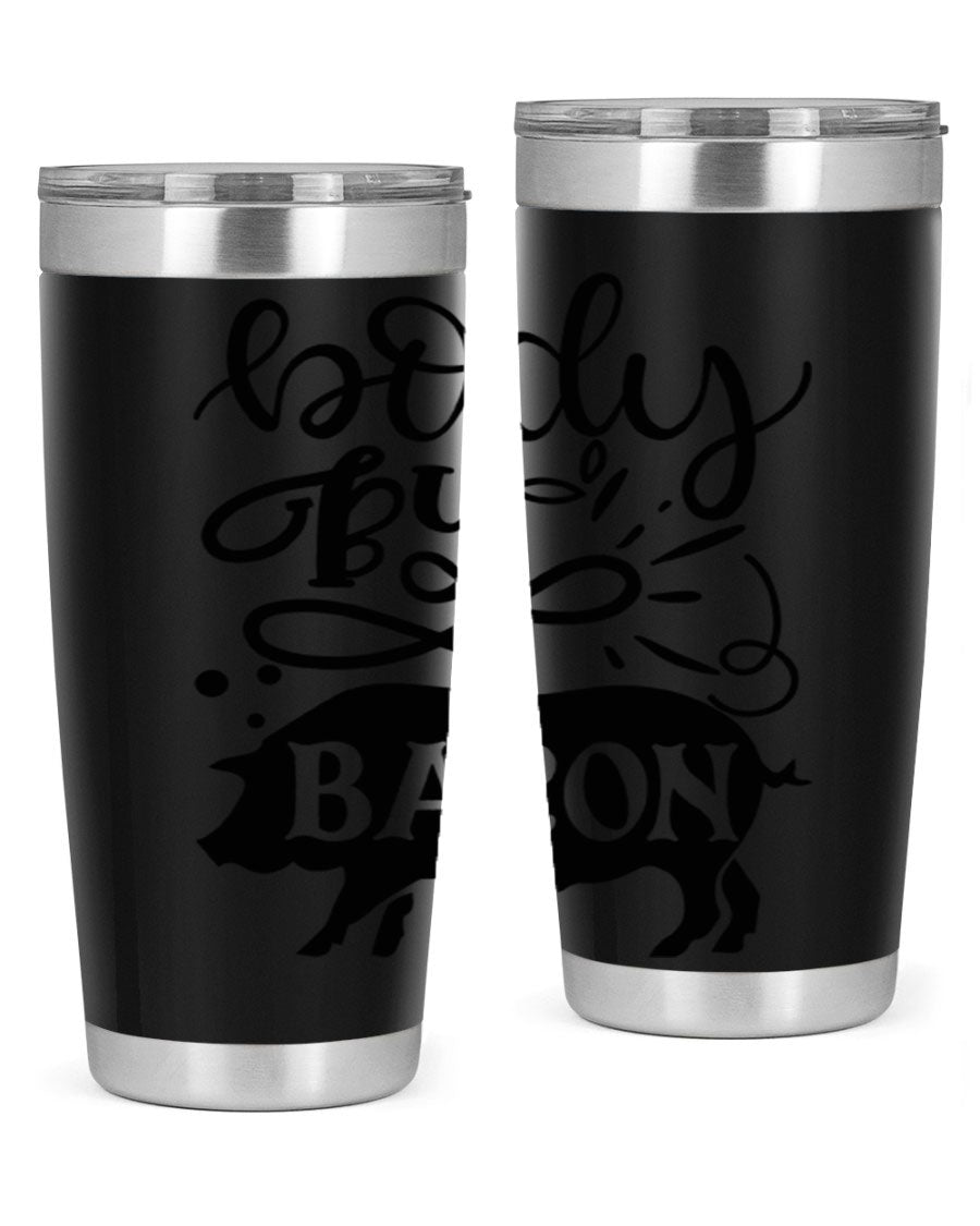 Body by Bacon 20oz stainless steel tumbler with copper lining and drink-thru lid, ideal for hot and cold beverages.