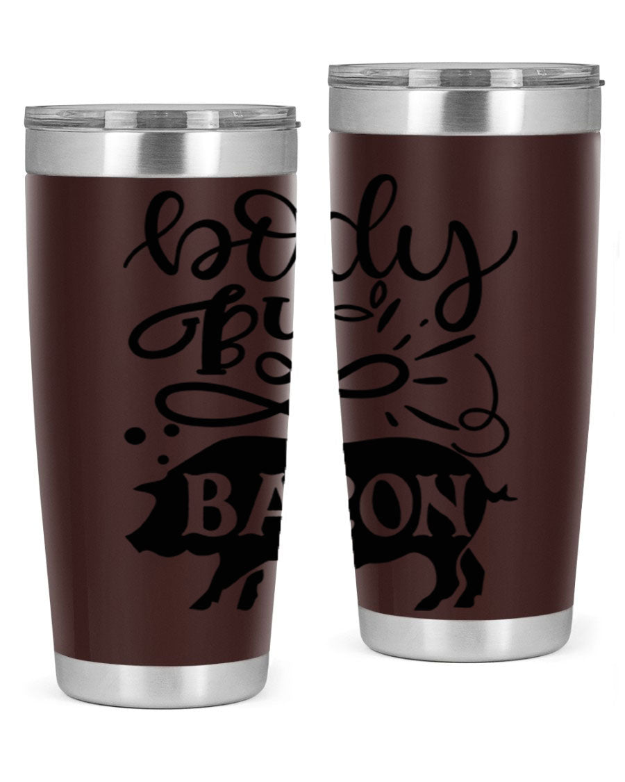 Body by Bacon 20oz stainless steel tumbler with copper lining and drink-thru lid, ideal for hot and cold beverages.