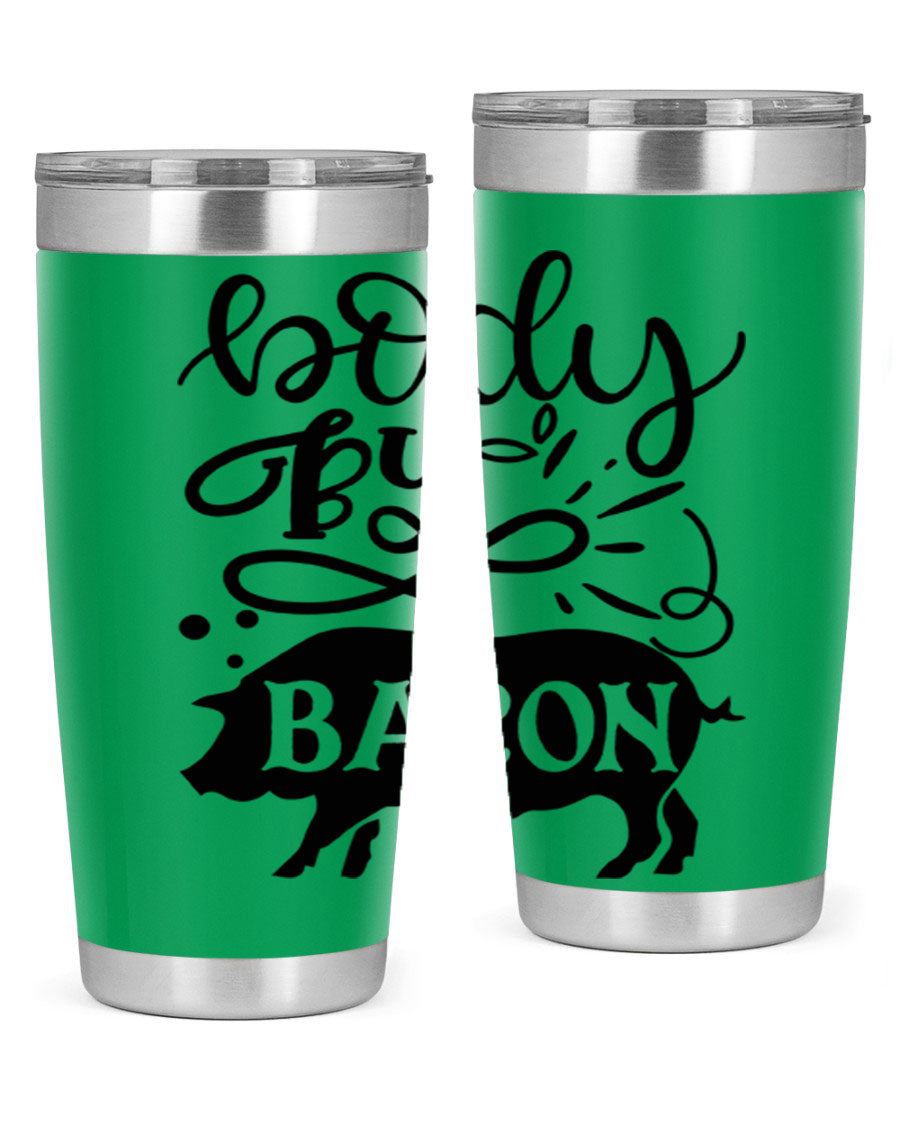 Body by Bacon 20oz stainless steel tumbler with copper lining and drink-thru lid, ideal for hot and cold beverages.