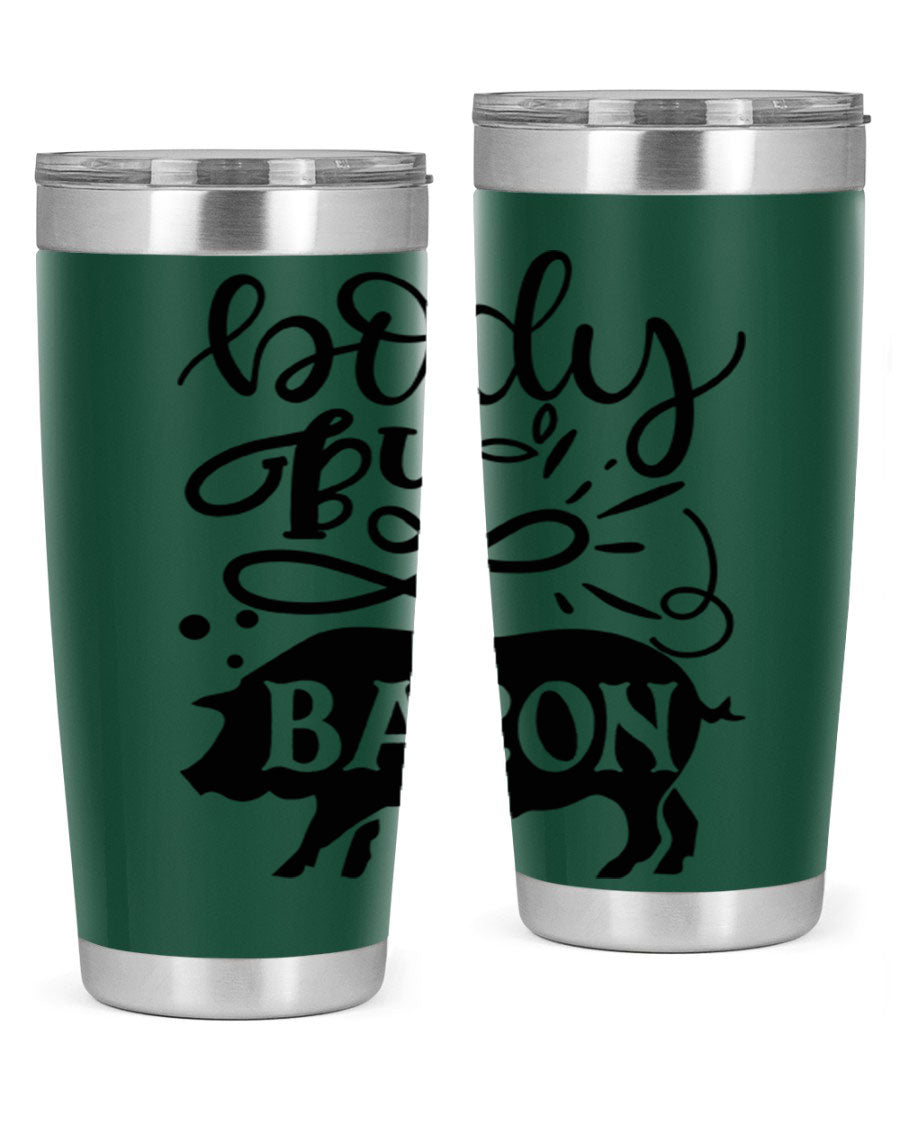 Body by Bacon 20oz stainless steel tumbler with copper lining and drink-thru lid, ideal for hot and cold beverages.