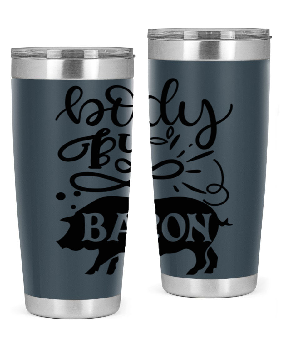 Body by Bacon 20oz stainless steel tumbler with copper lining and drink-thru lid, ideal for hot and cold beverages.