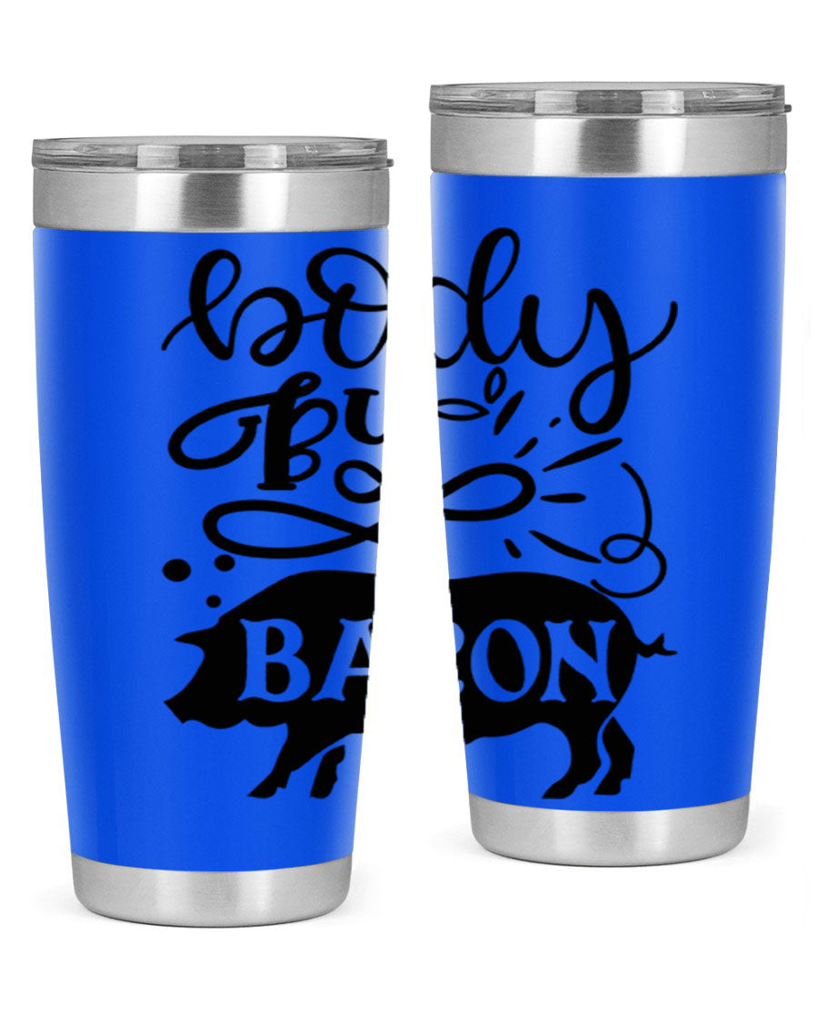 Body by Bacon 20oz stainless steel tumbler with copper lining and drink-thru lid, ideal for hot and cold beverages.