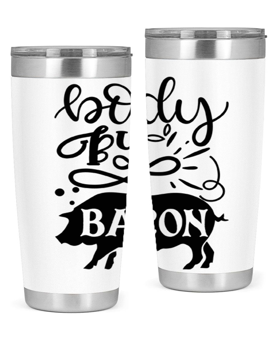 Body by Bacon 20oz stainless steel tumbler with copper lining and drink-thru lid, ideal for hot and cold beverages.