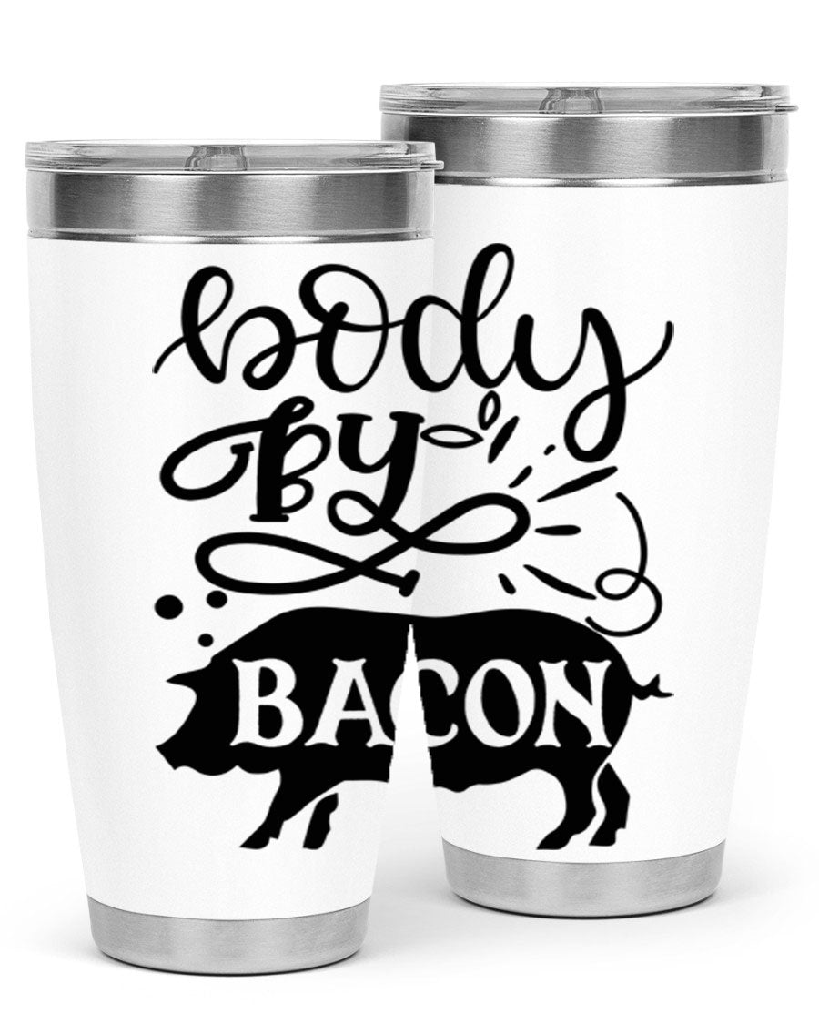 Body by Bacon 20oz stainless steel tumbler with copper lining and drink-thru lid, ideal for hot and cold beverages.