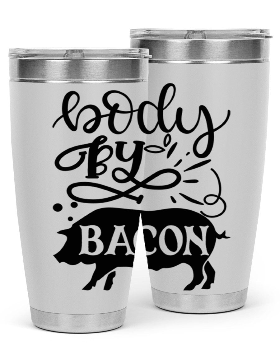 Body by Bacon 20oz stainless steel tumbler with copper lining and drink-thru lid, ideal for hot and cold beverages.