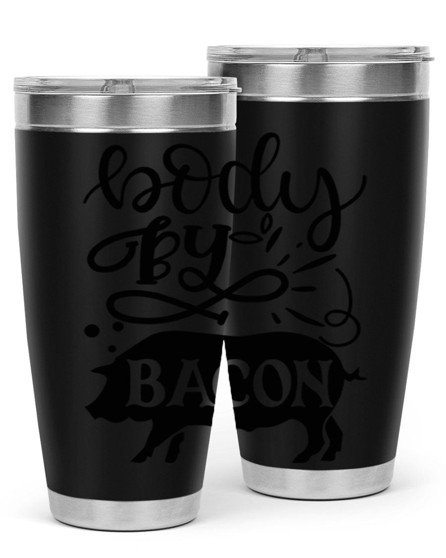 Body by Bacon 20oz stainless steel tumbler with copper lining and drink-thru lid, ideal for hot and cold beverages.