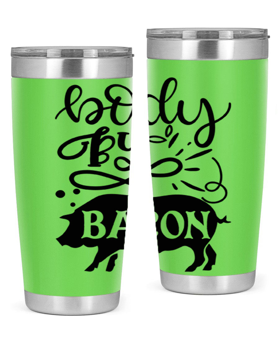 Body by Bacon 20oz stainless steel tumbler with copper lining and drink-thru lid, ideal for hot and cold beverages.