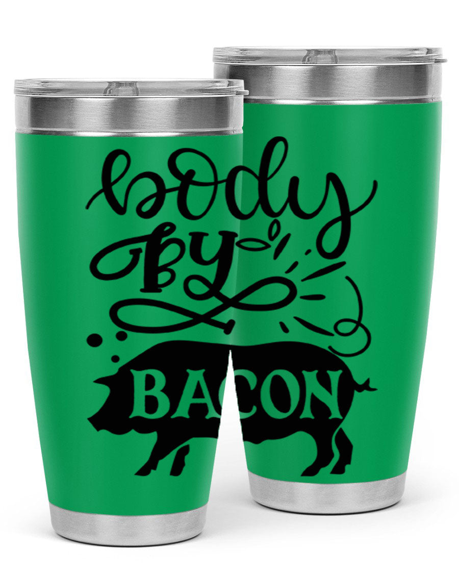 Body by Bacon 20oz stainless steel tumbler with copper lining and drink-thru lid, ideal for hot and cold beverages.