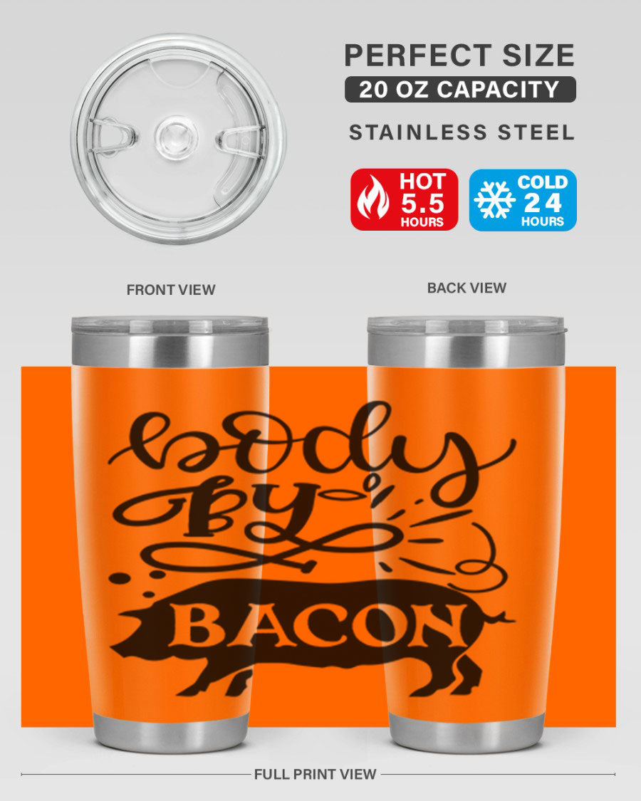 Body by Bacon 20oz stainless steel tumbler with copper lining and drink-thru lid, ideal for hot and cold beverages.