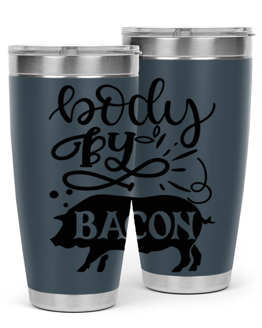 Body by Bacon 20oz stainless steel tumbler with copper lining and drink-thru lid, ideal for hot and cold beverages.