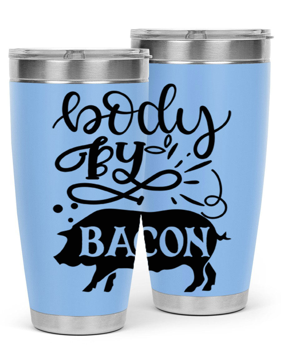 Body by Bacon 20oz stainless steel tumbler with copper lining and drink-thru lid, ideal for hot and cold beverages.