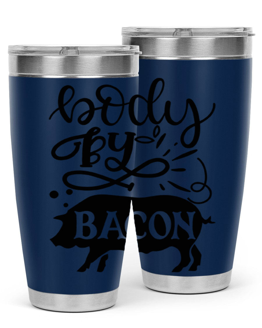 Body by Bacon 20oz stainless steel tumbler with copper lining and drink-thru lid, ideal for hot and cold beverages.