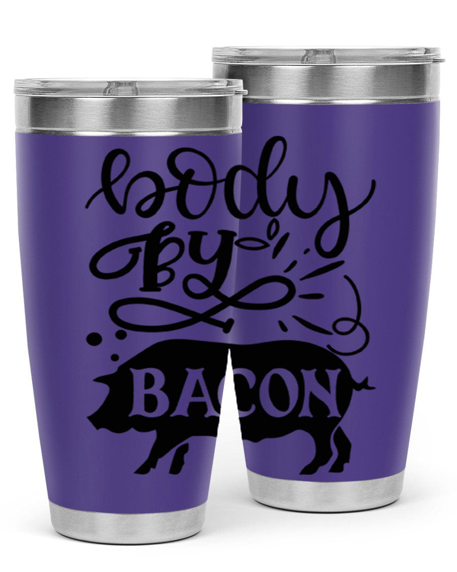 Body by Bacon 20oz stainless steel tumbler with copper lining and drink-thru lid, ideal for hot and cold beverages.