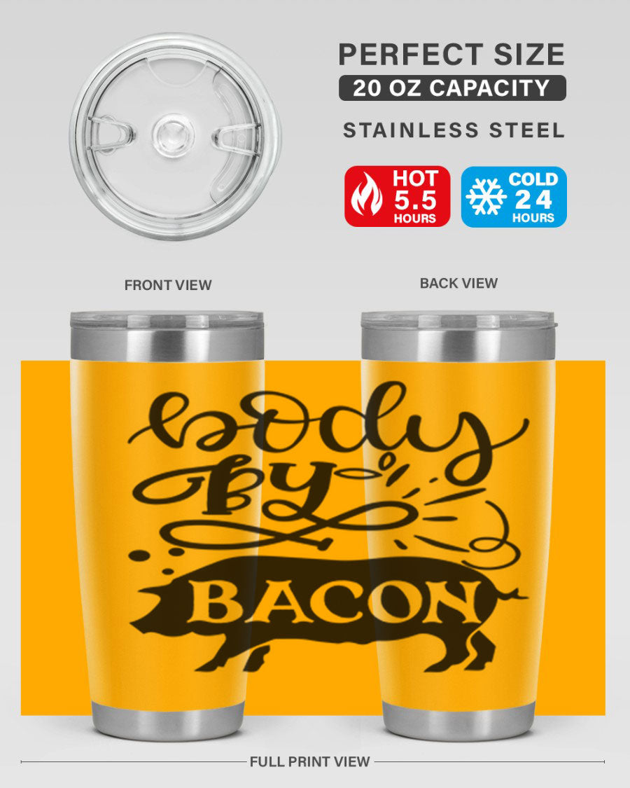 Body by Bacon 20oz stainless steel tumbler with copper lining and drink-thru lid, ideal for hot and cold beverages.