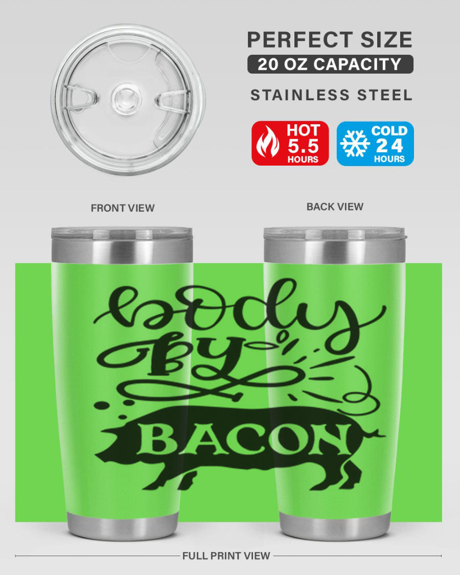 Body by Bacon 20oz stainless steel tumbler with copper lining and drink-thru lid, ideal for hot and cold beverages.