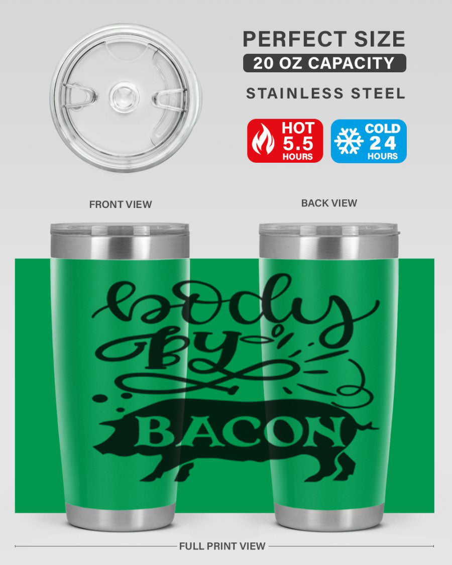 Body by Bacon 20oz stainless steel tumbler with copper lining and drink-thru lid, ideal for hot and cold beverages.