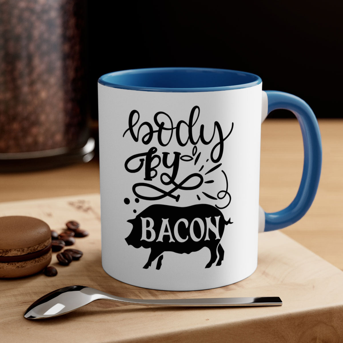 Body by Bacon 119# kitchen mug with a glossy finish, featuring a colored handle and interior, available in multiple colors.