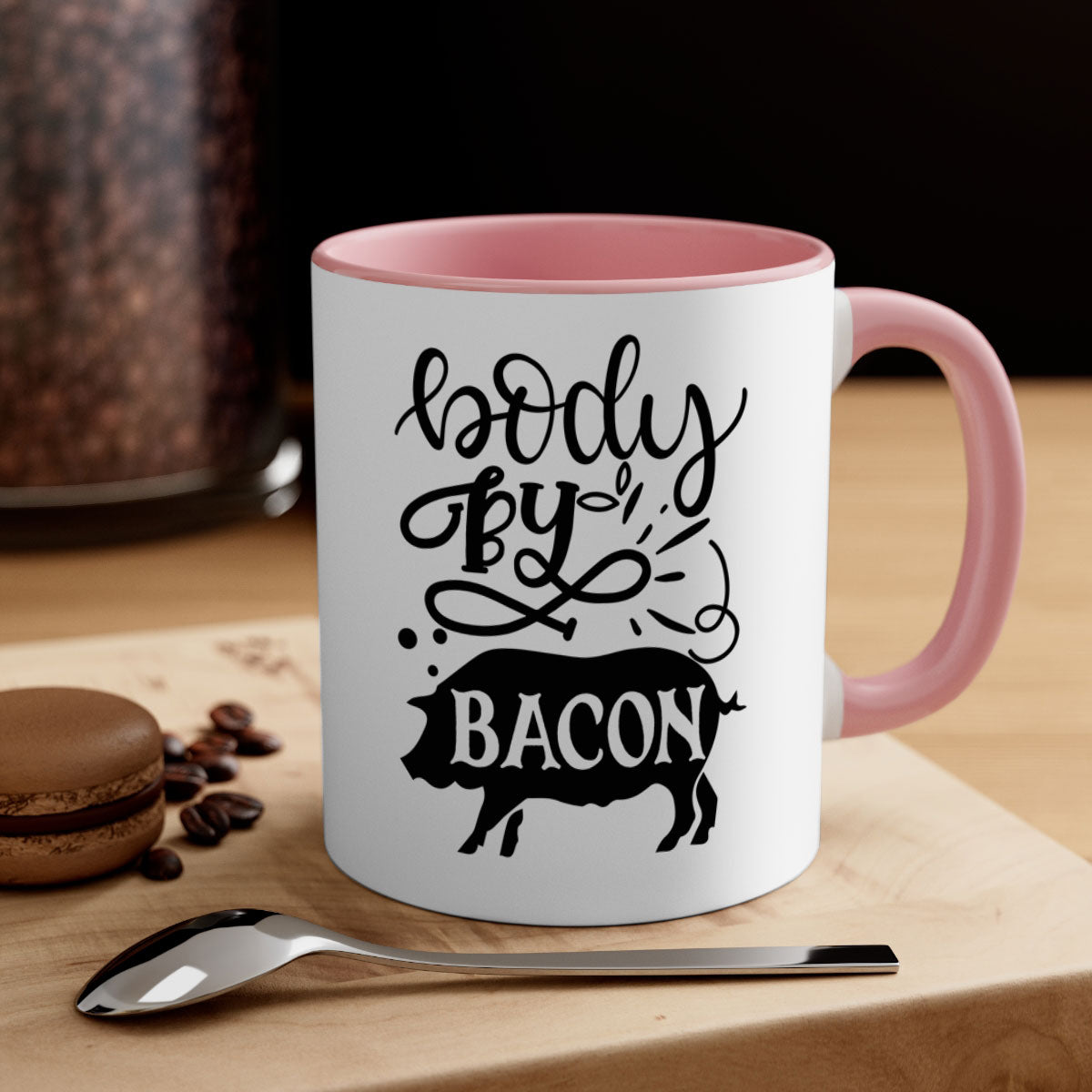 Body by Bacon 119# kitchen mug with a glossy finish, featuring a colored handle and interior, available in multiple colors.