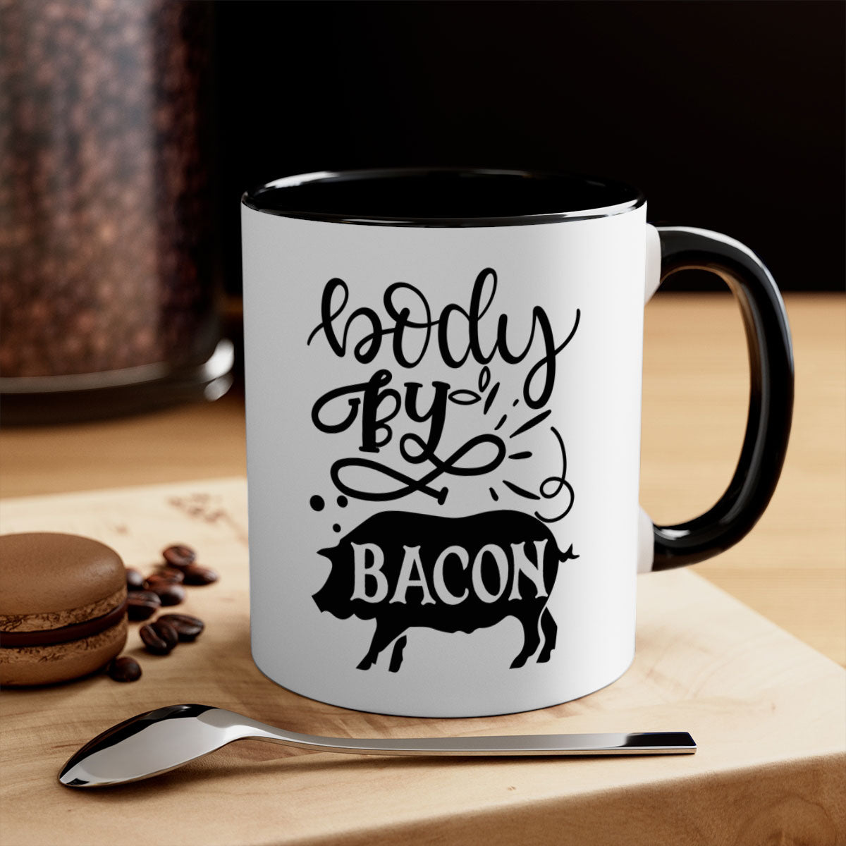 Body by Bacon 119# kitchen mug with a glossy finish, featuring a colored handle and interior, available in multiple colors.