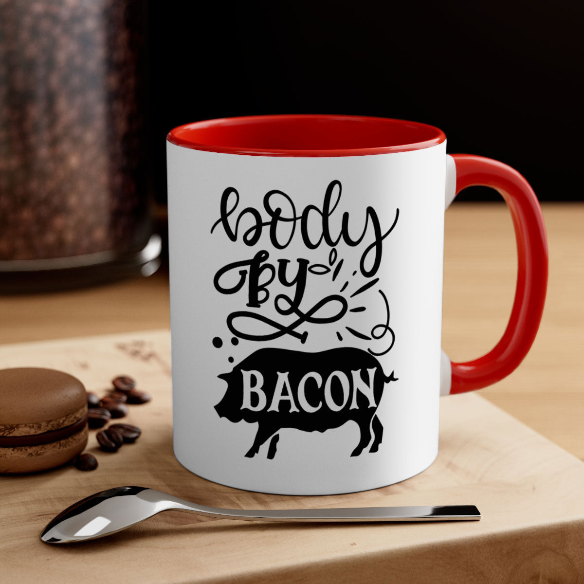 Body by Bacon 119# kitchen mug with a glossy finish, featuring a colored handle and interior, available in multiple colors.