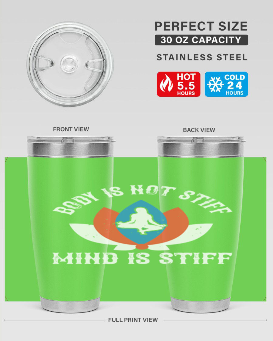 20oz stainless steel tumbler with motivational yoga quote, double wall vacuum insulation, and drink-thru lid.