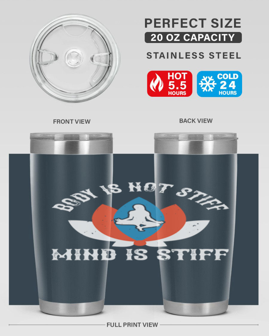 20oz stainless steel tumbler with motivational yoga quote, double wall vacuum insulation, and drink-thru lid.