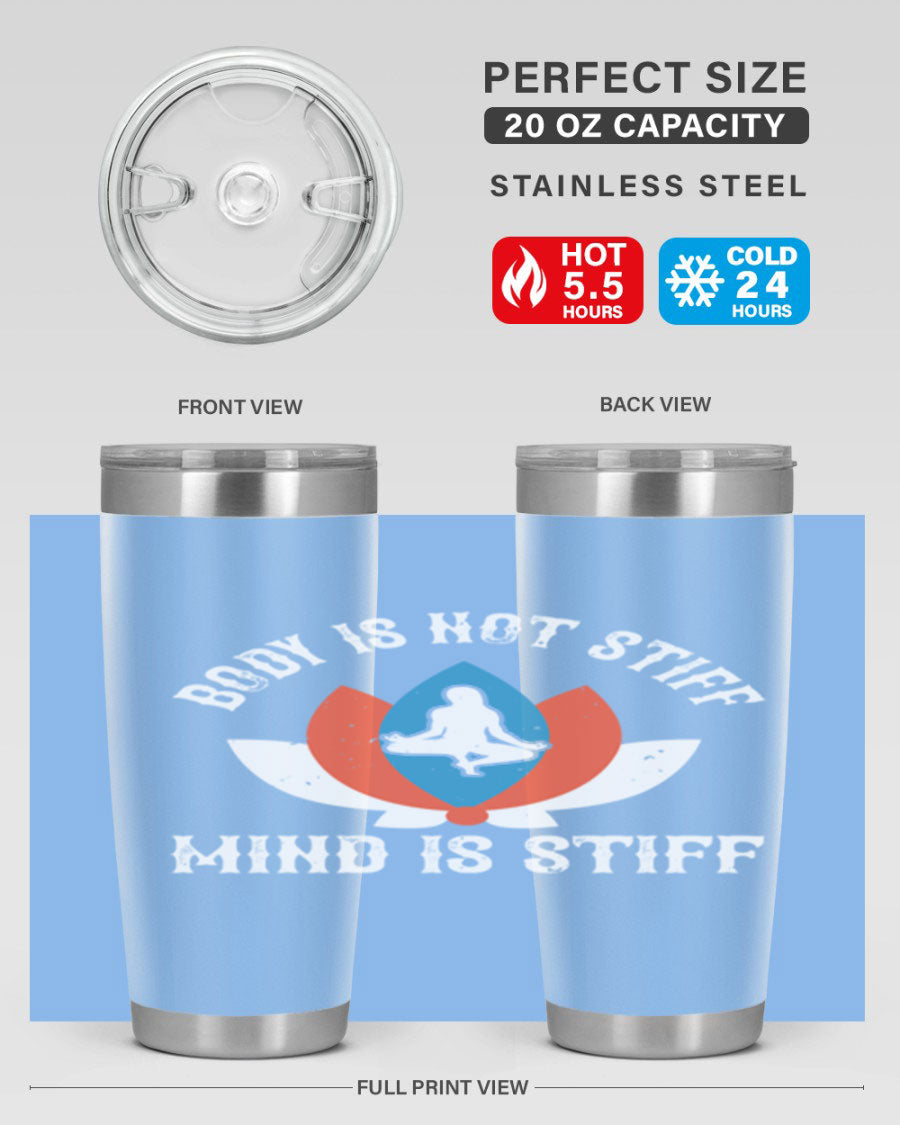 20oz stainless steel tumbler with motivational yoga quote, double wall vacuum insulation, and drink-thru lid.