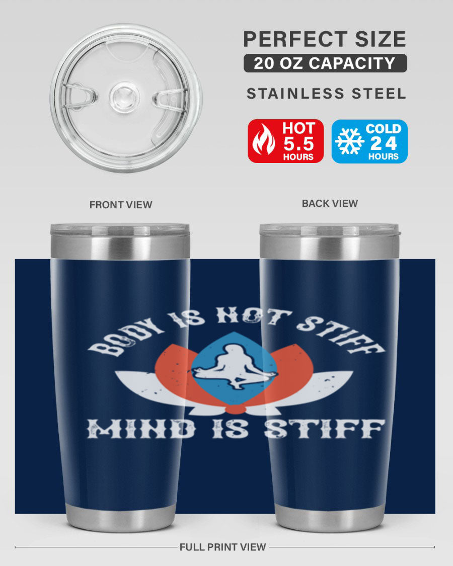 20oz stainless steel tumbler with motivational yoga quote, double wall vacuum insulation, and drink-thru lid.