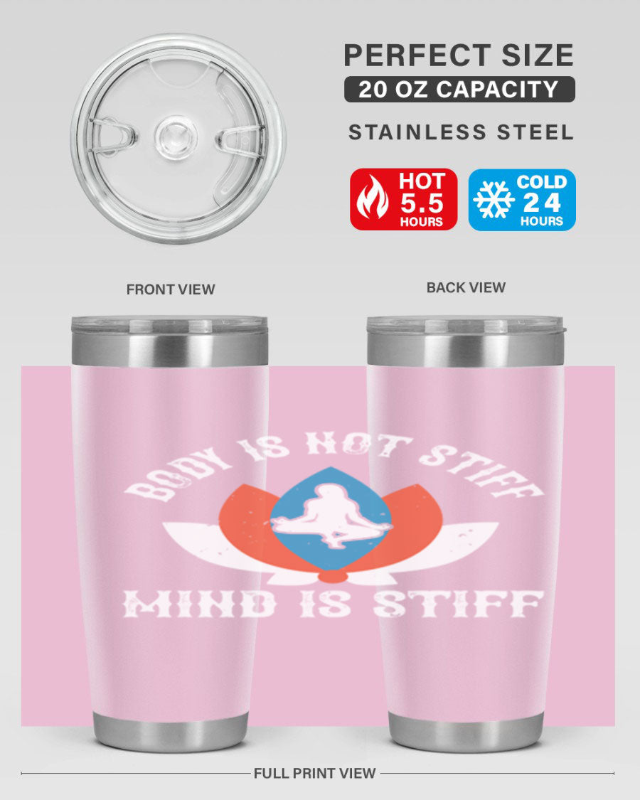 20oz stainless steel tumbler with motivational yoga quote, double wall vacuum insulation, and drink-thru lid.