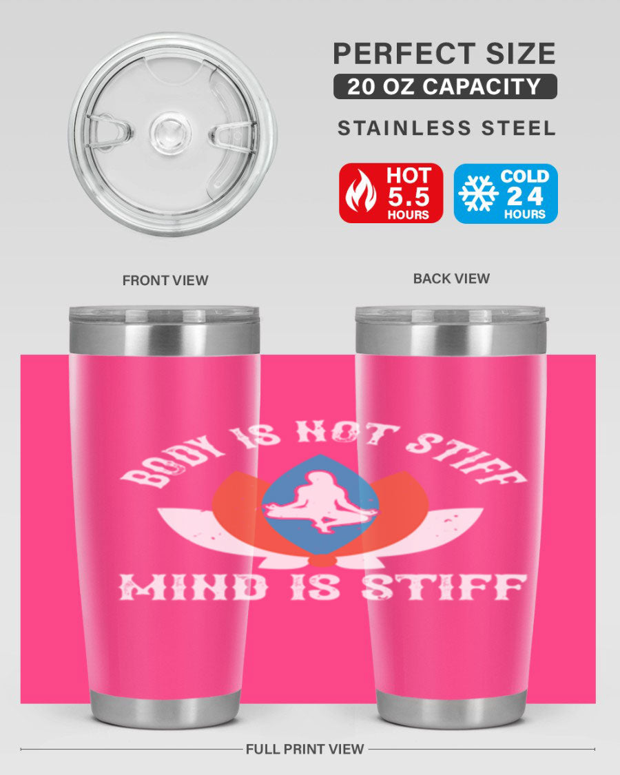 20oz stainless steel tumbler with motivational yoga quote, double wall vacuum insulation, and drink-thru lid.