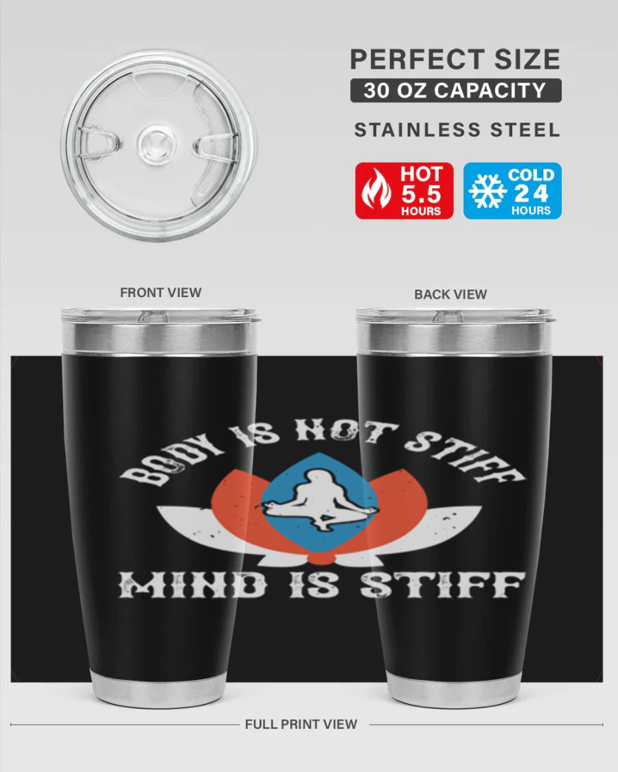 20oz stainless steel tumbler with motivational yoga quote, double wall vacuum insulation, and drink-thru lid.