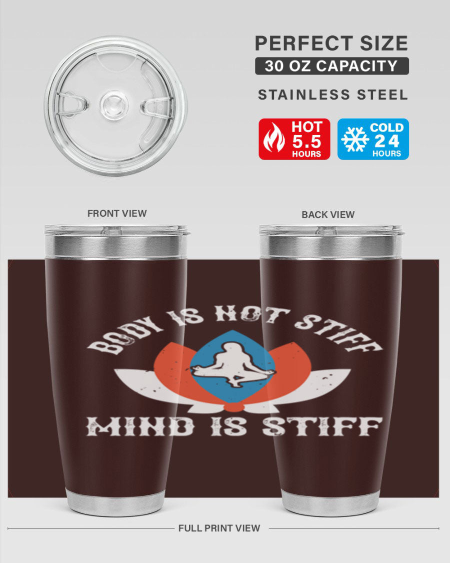 20oz stainless steel tumbler with motivational yoga quote, double wall vacuum insulation, and drink-thru lid.