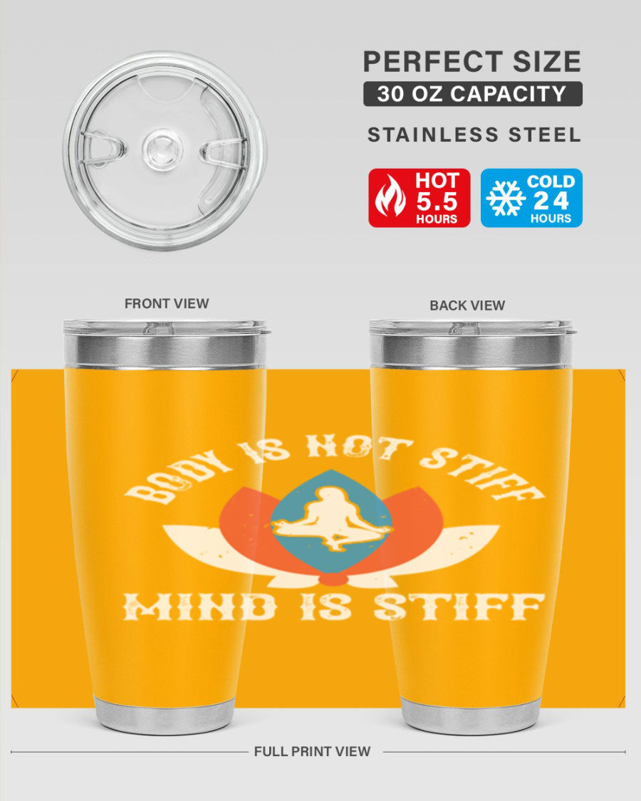 20oz stainless steel tumbler with motivational yoga quote, double wall vacuum insulation, and drink-thru lid.