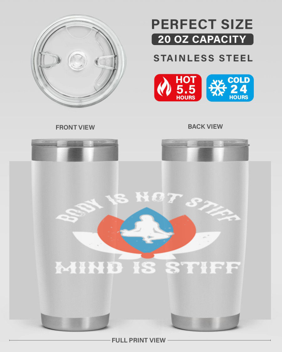 20oz stainless steel tumbler with motivational yoga quote, double wall vacuum insulation, and drink-thru lid.