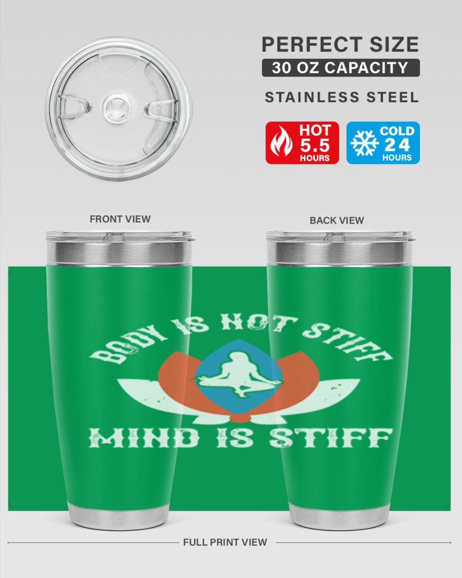 20oz stainless steel tumbler with motivational yoga quote, double wall vacuum insulation, and drink-thru lid.