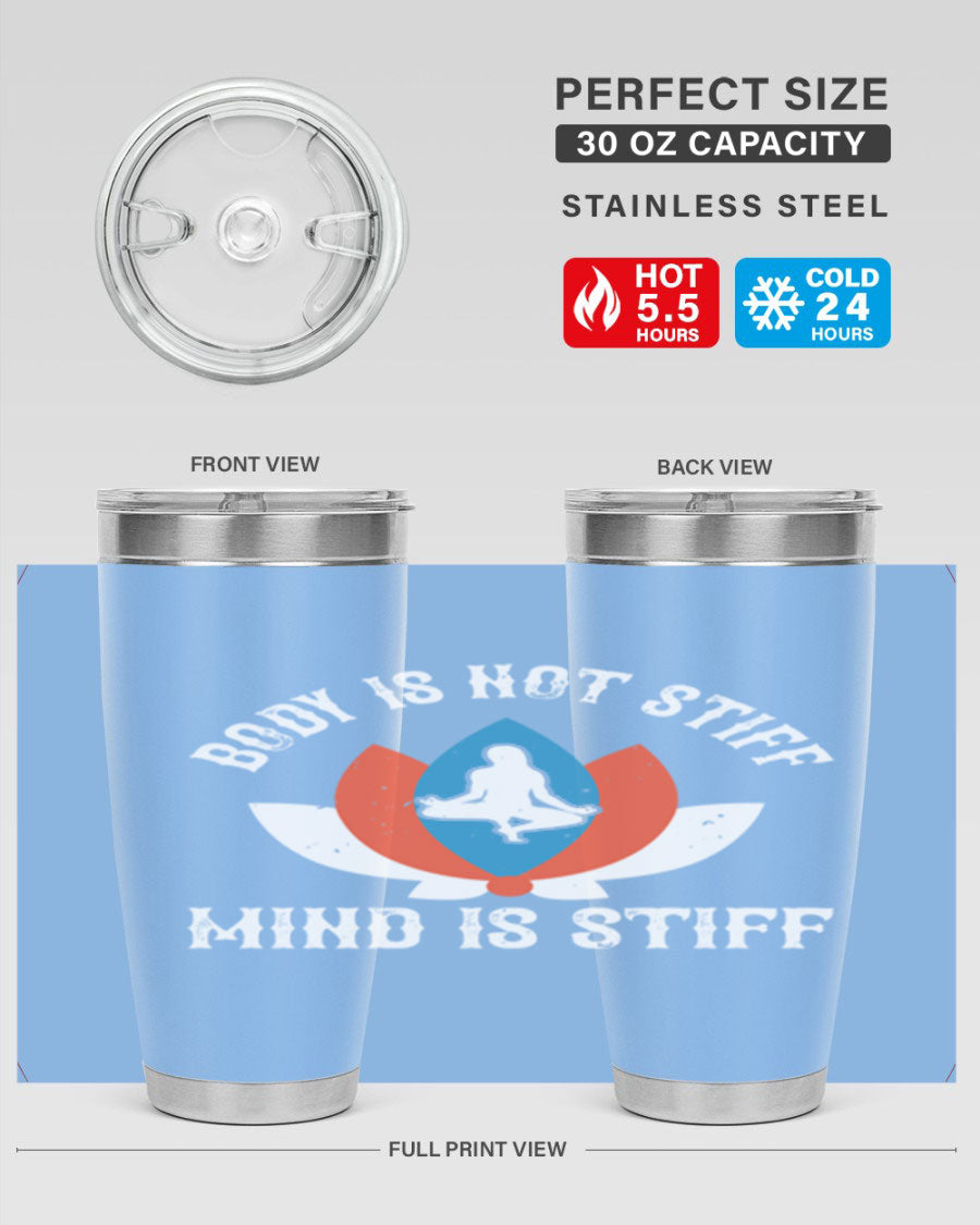 20oz stainless steel tumbler with motivational yoga quote, double wall vacuum insulation, and drink-thru lid.