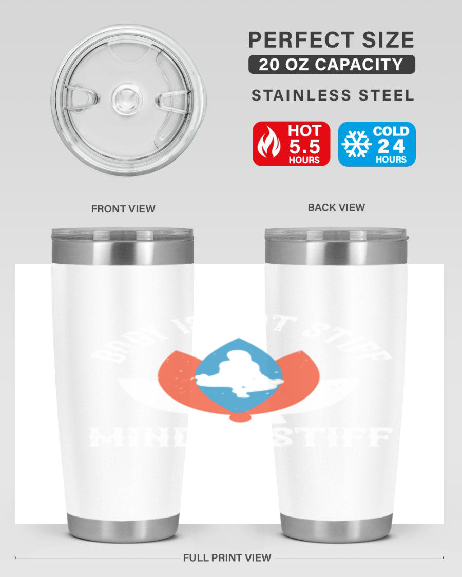 20oz stainless steel tumbler with motivational yoga quote, double wall vacuum insulation, and drink-thru lid.